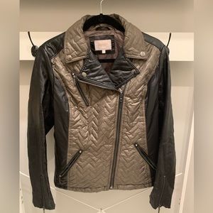 Laundry by Shelli Segal L Olive Green/Black Quilted Jacket With Leather Sleeves